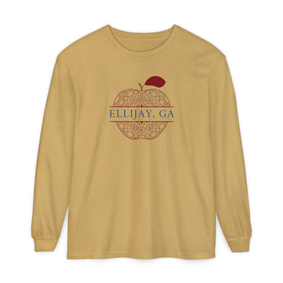 Mustard Comfort Color long sleeve t-shirt with a red apple design and 'Eliijay, GA' text 