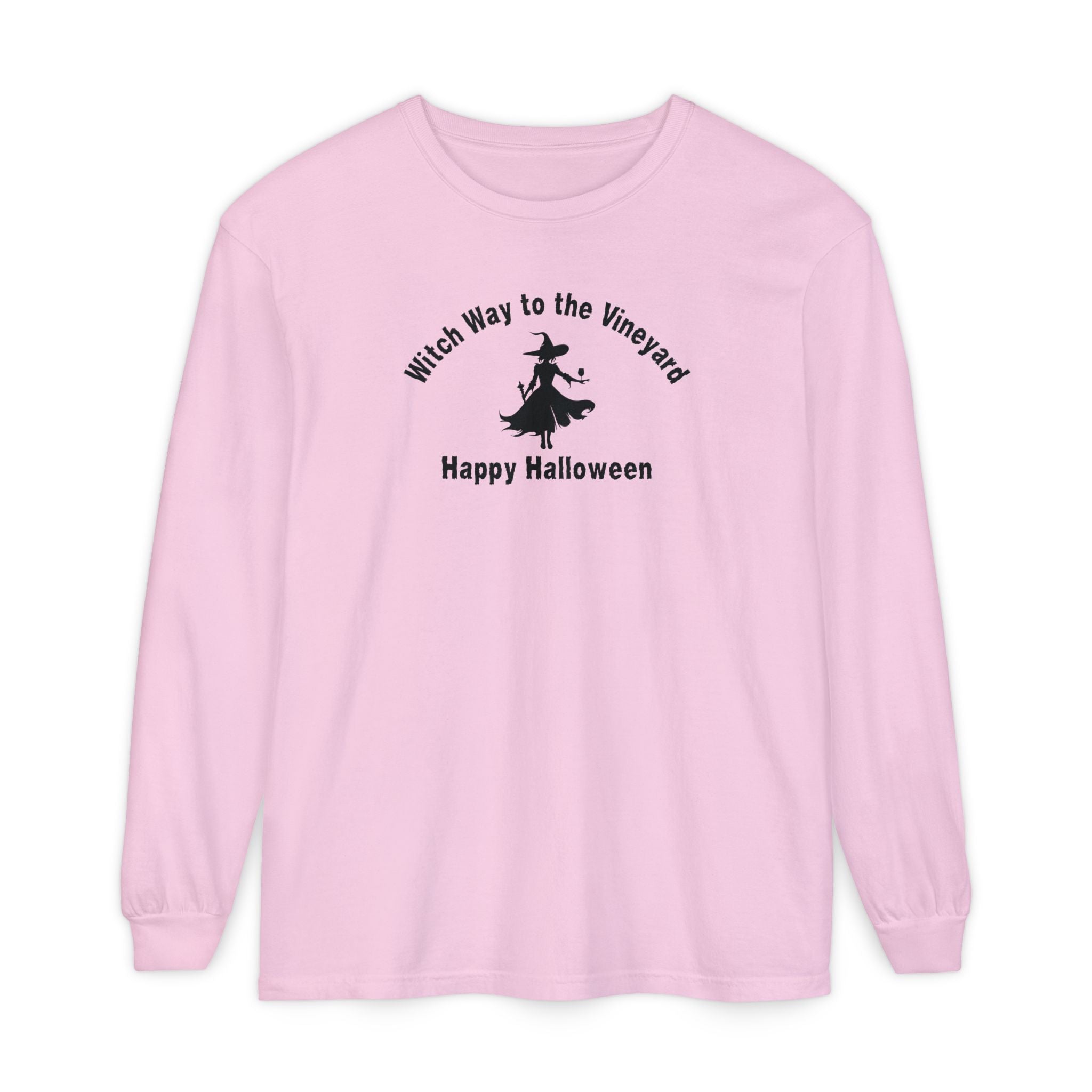Pink long-sleeve unisex comfort color t-shirt with halloween witch graphic holding a wine glass  and text "Witch Way to the Vineyard - Happy Halloween" 