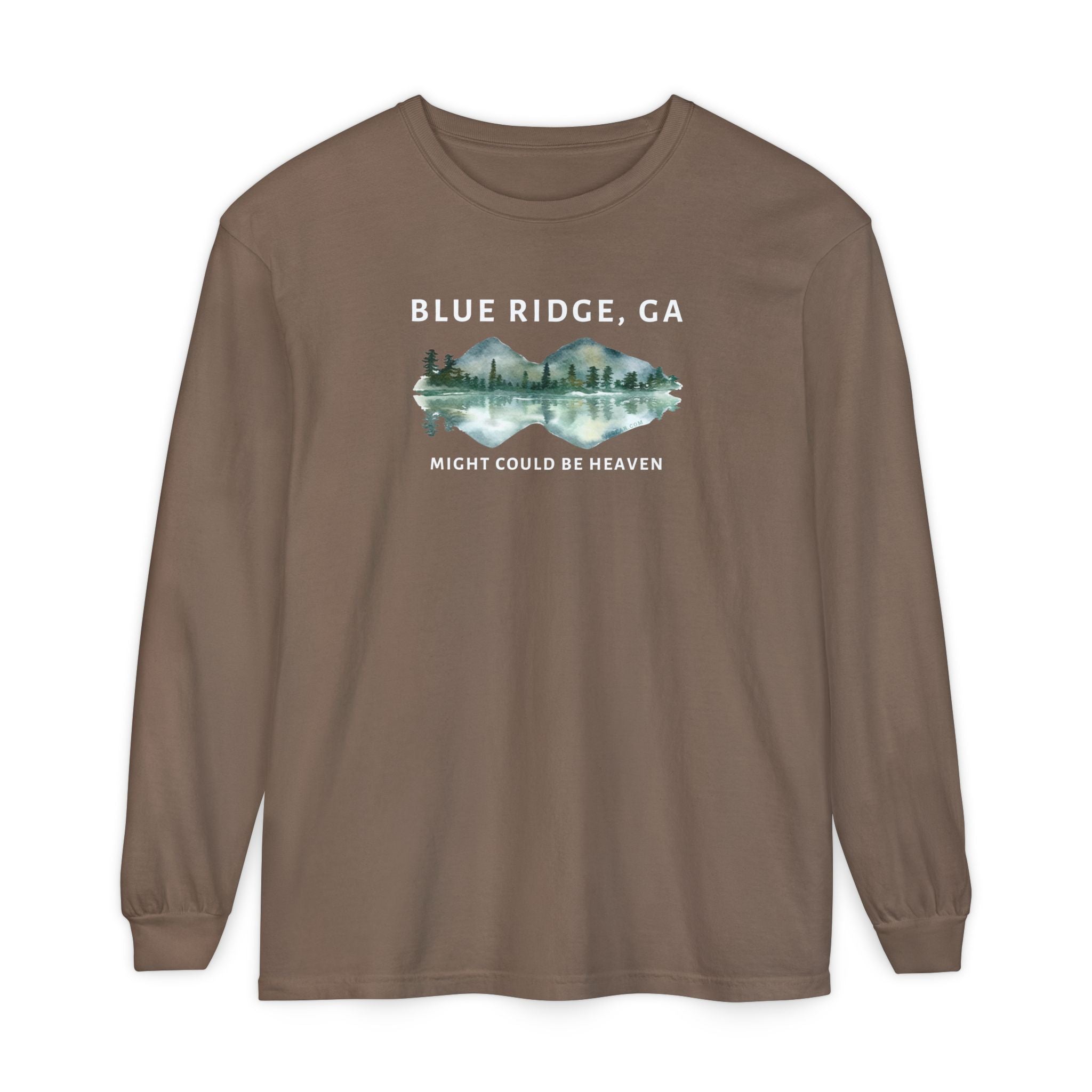 Brown Comfort Colors long-sleeve shirt with 'Blue Ridge, GA - Might Could Be Heaven" text and Mountain & Lake graphic