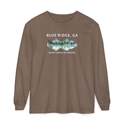 Brown Comfort Colors long-sleeve shirt with 'Blue Ridge, GA - Might Could Be Heaven" text and Mountain & Lake graphic