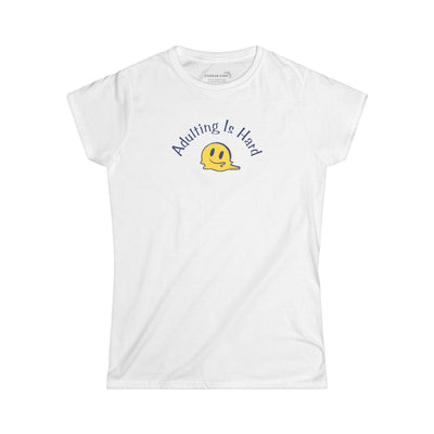 White super soft v-neck Women's t-shirt with text Adulting is Hard and graphic of a melting smiley face