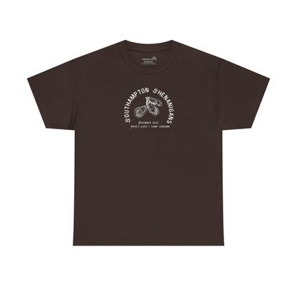 Brown t-shirt with Oyster graphic and text "Southampton Shenanigans November 2025 Privet Lives Camp Viggiano"