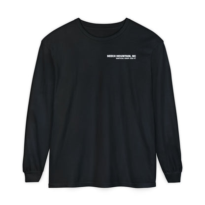 Black long-sleeve Comfort Color t-shirt with text Beech Mountain NC Vertical Drop  830 ft