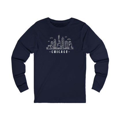 Navy blue long-sleeve shirt with Chicago skyline graphic and text "Chicago"