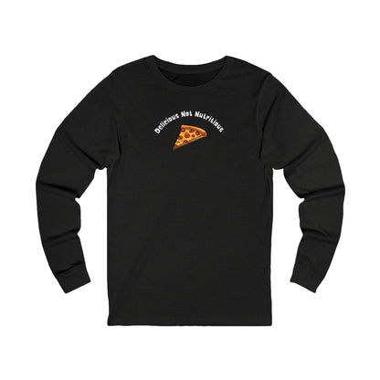 Black long-sleeve shirt with pizza slice graphic and text "delicious not nutritious"