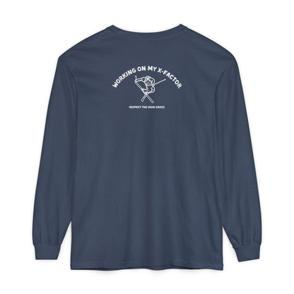 Navy long-sleeve unisex Comfort Color t-shirt with ski jump graphic and text Working on my X-Factor Respect the Iron Cross
