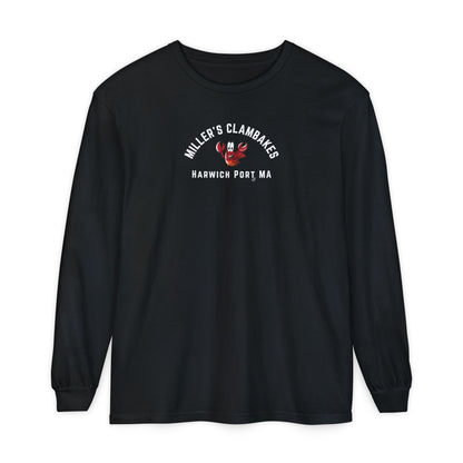 Black long-sleeve shirt with a happy lobster graphic and text "Miller's Clambakes Harwich Port, MA"
