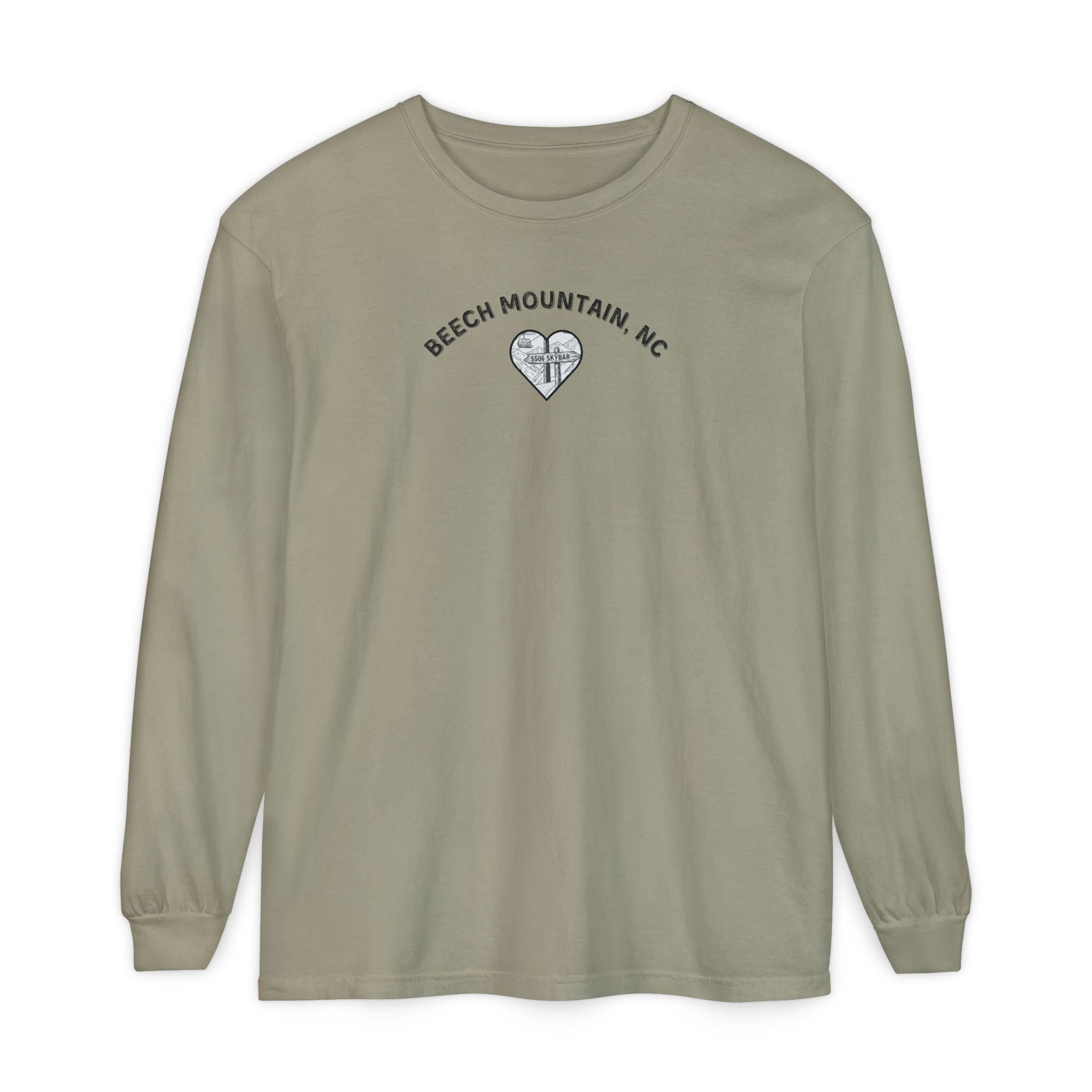 Sage green Comfort Colors® long-sleeve tee with a heart-shaped illustration of Beech Mountain’s slopes, chairlift, and sign pointing to 5506 Skybar 