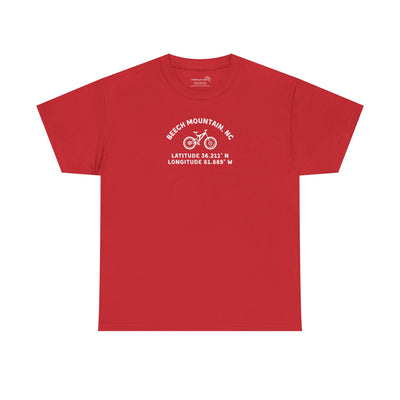 Red t-shirt with mountain bike graphic and text "Beech Mountain, NC - Latitude and Longitude" coordinates