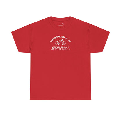 Red t-shirt with mountain bike graphic and text "Beech Mountain, NC - Latitude and Longitude" coordinates