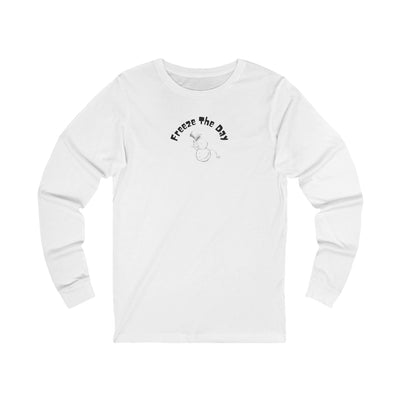 White long-sleeve shirt with a snowman tipping a hat and text "Freeze the Day" by 515Gear.com