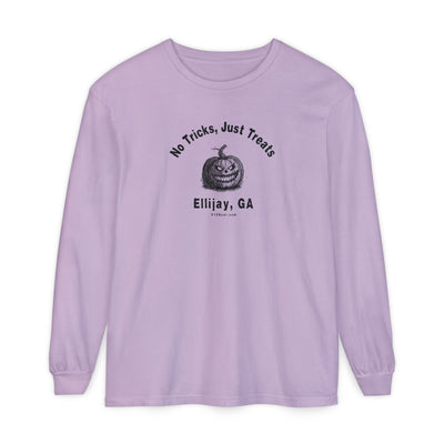 Purple unisex long sleeve T-shirt with jack-o-lantern graphic and text "No Tricks Just Treats - Ellijay GA" by 515Gear.com