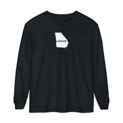 Black Comfort Colors unisex Georgia pride long-sleeve tee in school colors; State of Georgia graphic with text 'HOME'