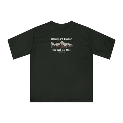 Black performance t-shirt with fishing theme graphic and text 'Cohutta's Finest One Cast at a Time'