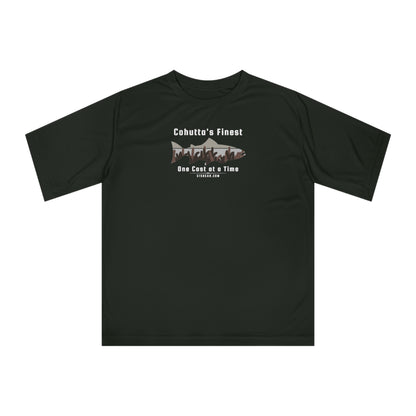 Black performance t-shirt with fishing theme graphic and text 'Cohutta's Finest One Cast at a Time'