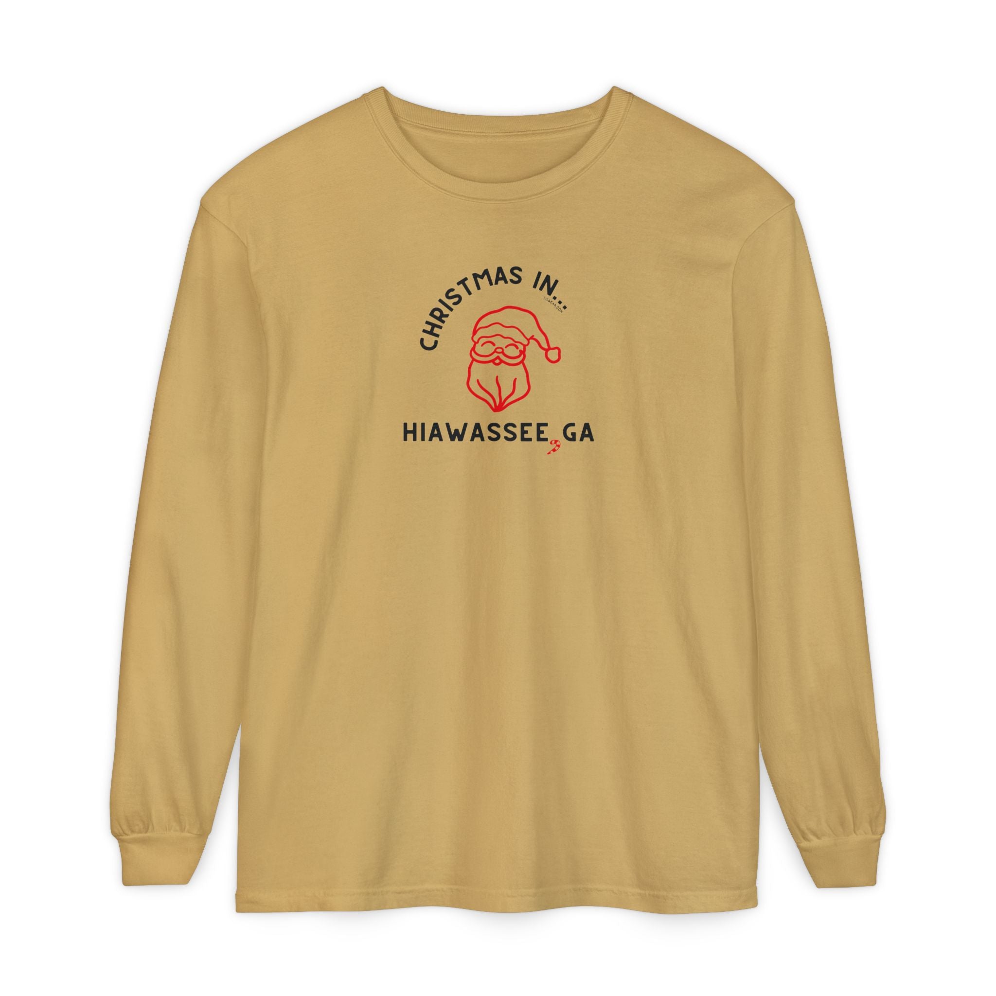 Mustard long-sleeve unisex Comfort Colors t-shirt with Christmas graphic and text "Christmas in Hiawassee, GA"