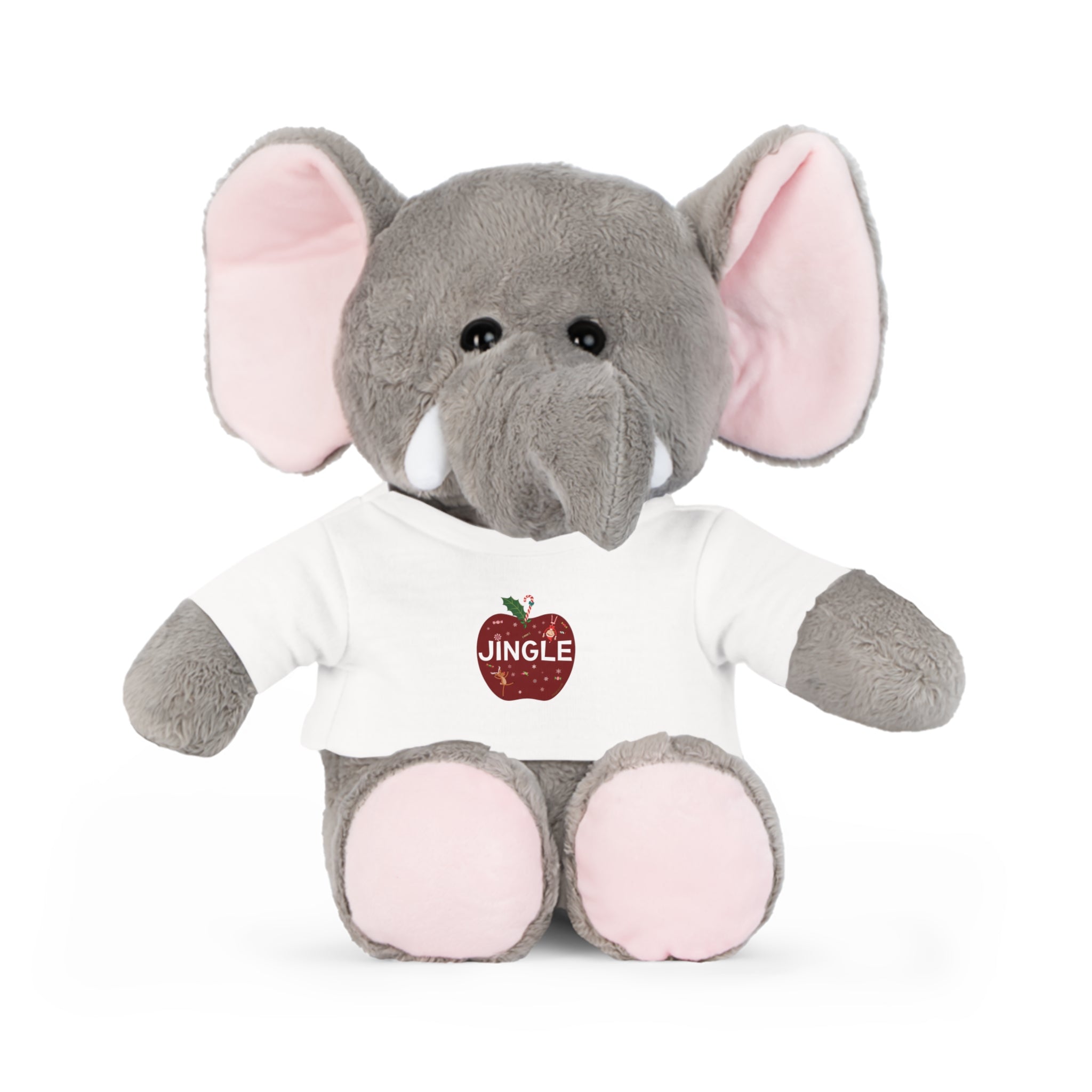 Plush elephant toy wearing a white shirt with a red apple graphic and 'Jingle' text on a white background.