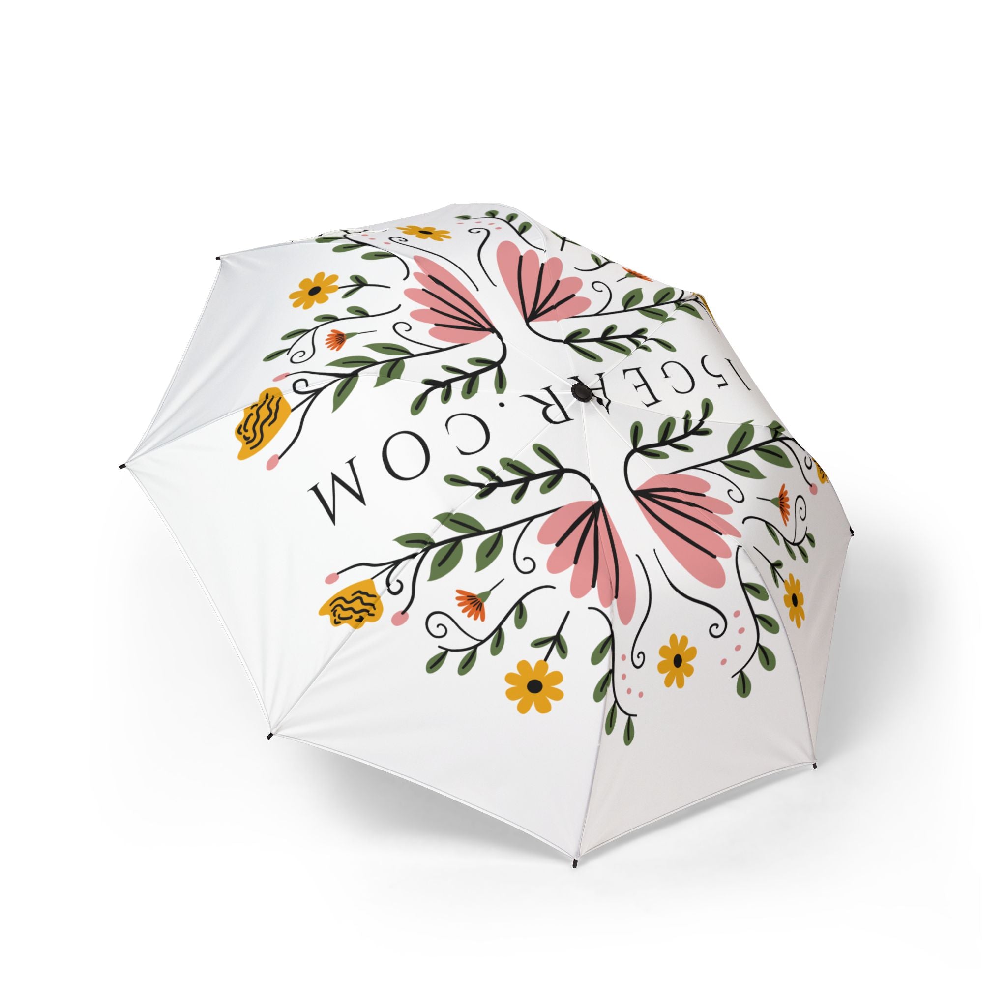 White umbrella with floral design and text on a white background
