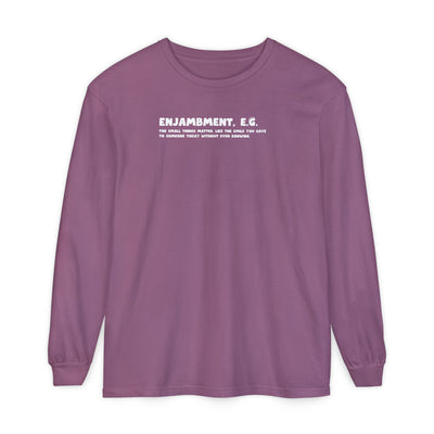 Purple long-sleeve shirt with white text "Enjambment - The small things matter, like the smile you gave to someone today without even knowing"