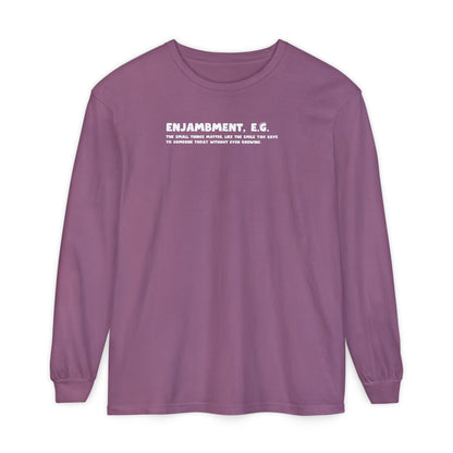 Purple long-sleeve shirt with white text "Enjambment - The small things matter, like the smile you gave to someone today without even knowing"