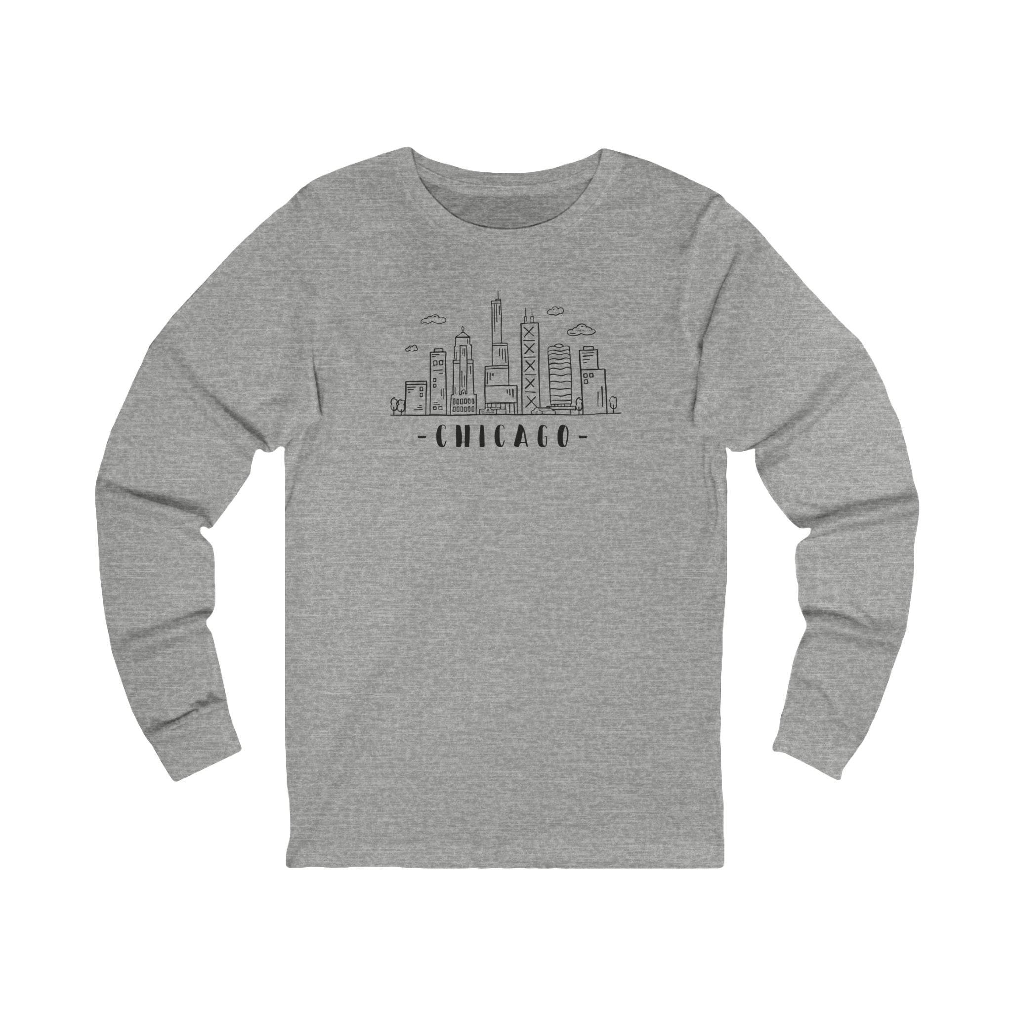 Gray long-sleeve shirt with Chicago skyline graphic and text "Chicago"