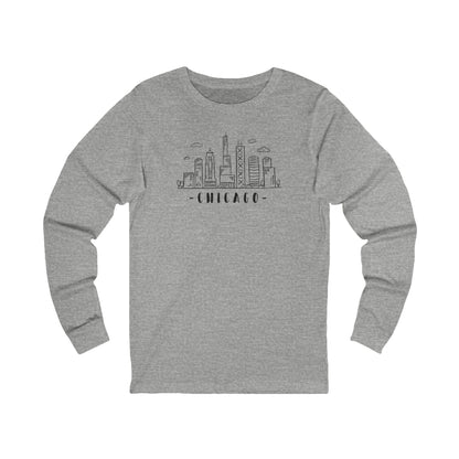 Gray long-sleeve shirt with Chicago skyline graphic and text "Chicago"