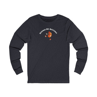Black long-sleeve shirt with a hotdog graphic and text "Delicious Not Nutritious"