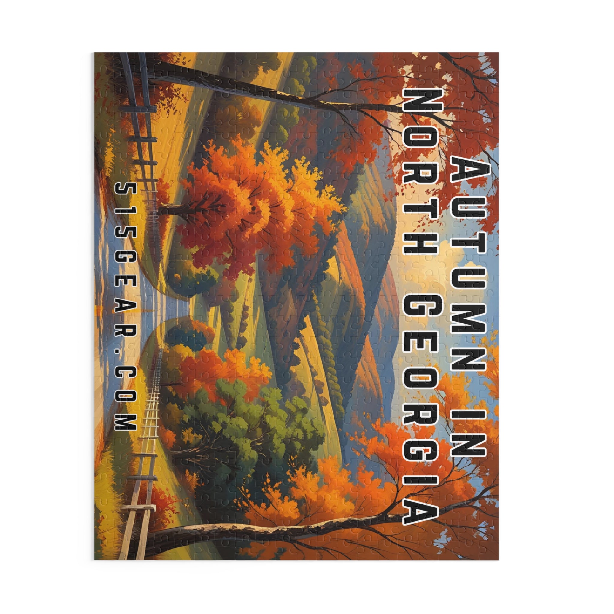 Puzzle of a scenic landscape with autumn trees and mountains, featuring text 'Autumn in North Georgia' from 515Gear.com