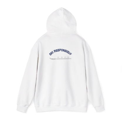 White hoodie with text on the back "Ski Responsibly" and graphic of a Shotski