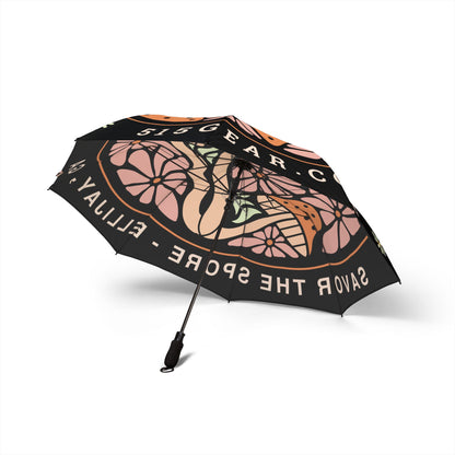 Umbrella with with mushroom design and text Savor the Sport Ellijay GA by 515Gear.com