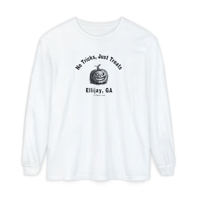 White unisex long sleeve T-shirt with jack-o-lantern graphic and text "No Tricks Just Treats - Ellijay GA" by 515Gear.com