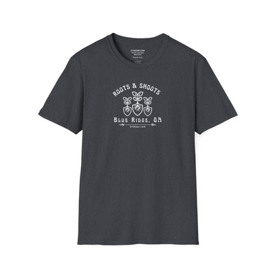 unisex adult T-shirt, Roots & Shoots, Garden shovel root leaf graphic, by 515Gear.com | Blue Ridge, GA | celebrate gardening