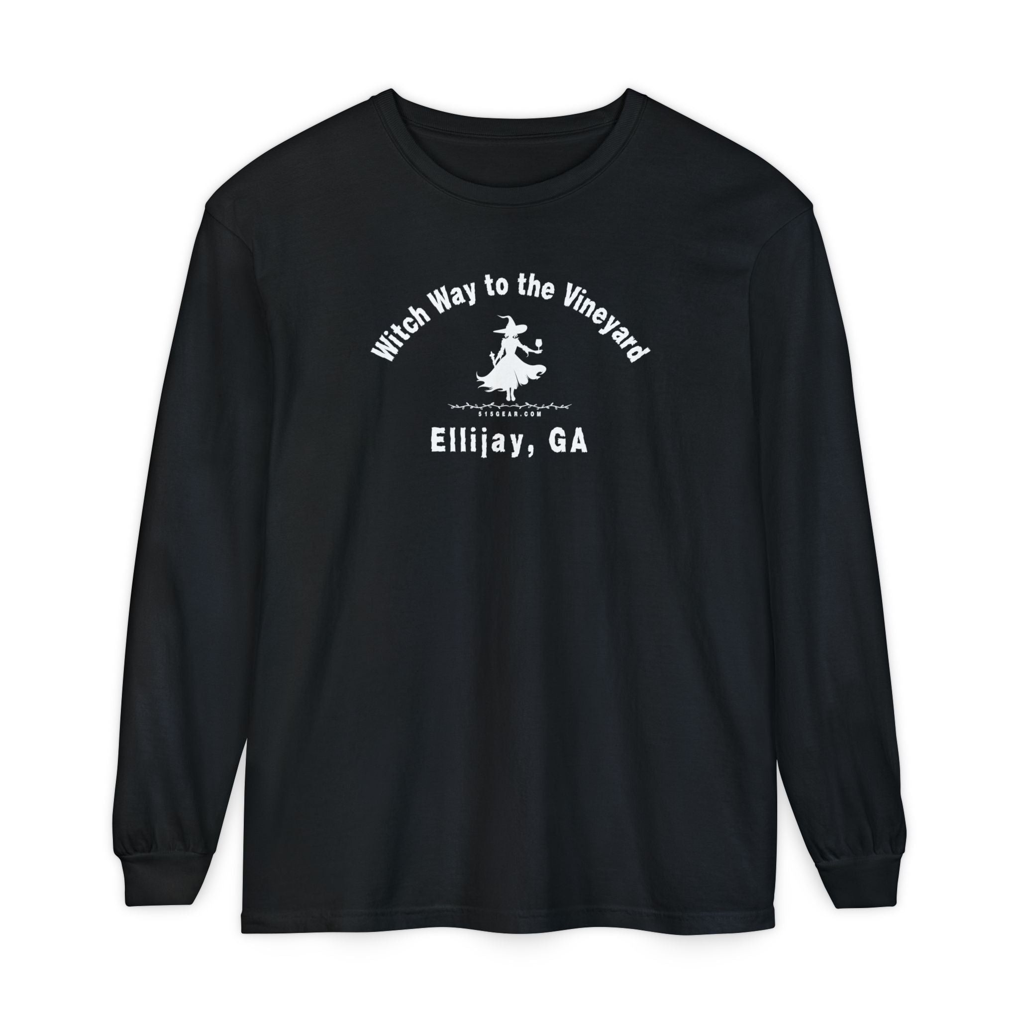 Black long sleeve t-shirt with sassy witch graphic holding a glass of wine and text "Witch Way to the Vineyard - Ellijay GA" by 515Gear.com