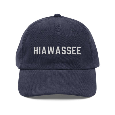 Navy Blue corduroy hat with Hiawassee embroidered in white by 515Gear.com