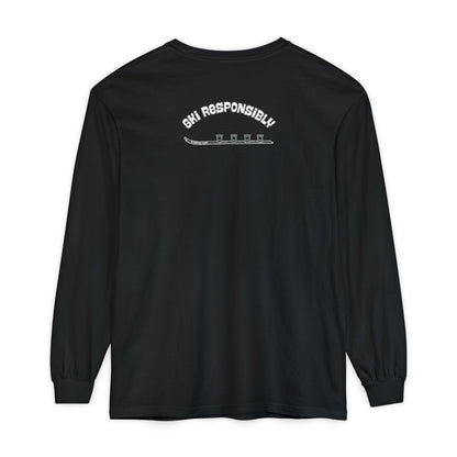 Black long-sleeve shirt with 'Ski Responsibly' text and shotski graphic