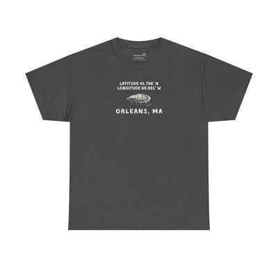 Gray t-shirt with oyster graphic and rustic text "Latitude 41.788 N, Longitude 69.991 W - Orleans, MA" 