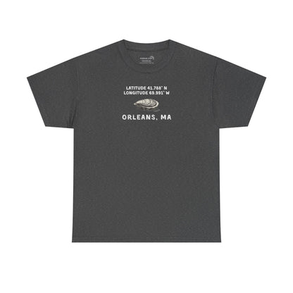 Gray t-shirt with oyster graphic and rustic text "Latitude 41.788 N, Longitude 69.991 W - Orleans, MA" 