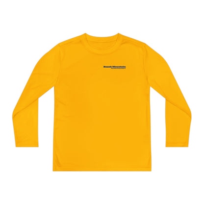 Yellow long-sleeve performance tee with text "Beech Mountain, Vertical Drop: 830 ft" on the front