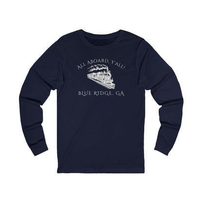 Navy long-sleeve shirt with train graphic and text "All Aboard, Y'all - Blue Ridge, GA" 