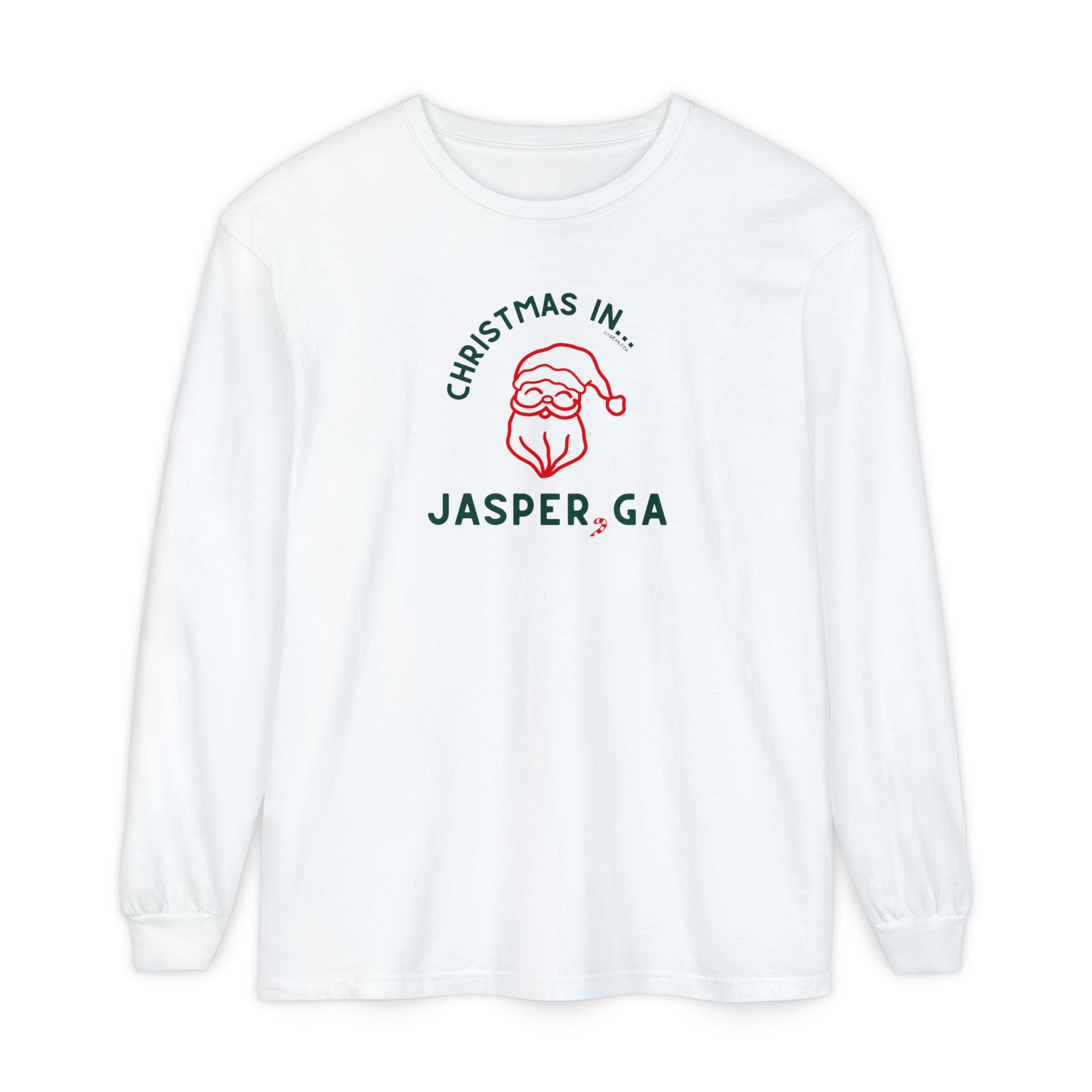 White long-sleeve shirt with happy Santa and candy cane graphic and text "Christmas in... Jasper, GA"