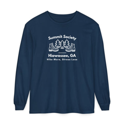 Long-sleeve t-shirt, 'Summit Society Hiawassee, GA Hike More, Stress Less' printed on the front.
