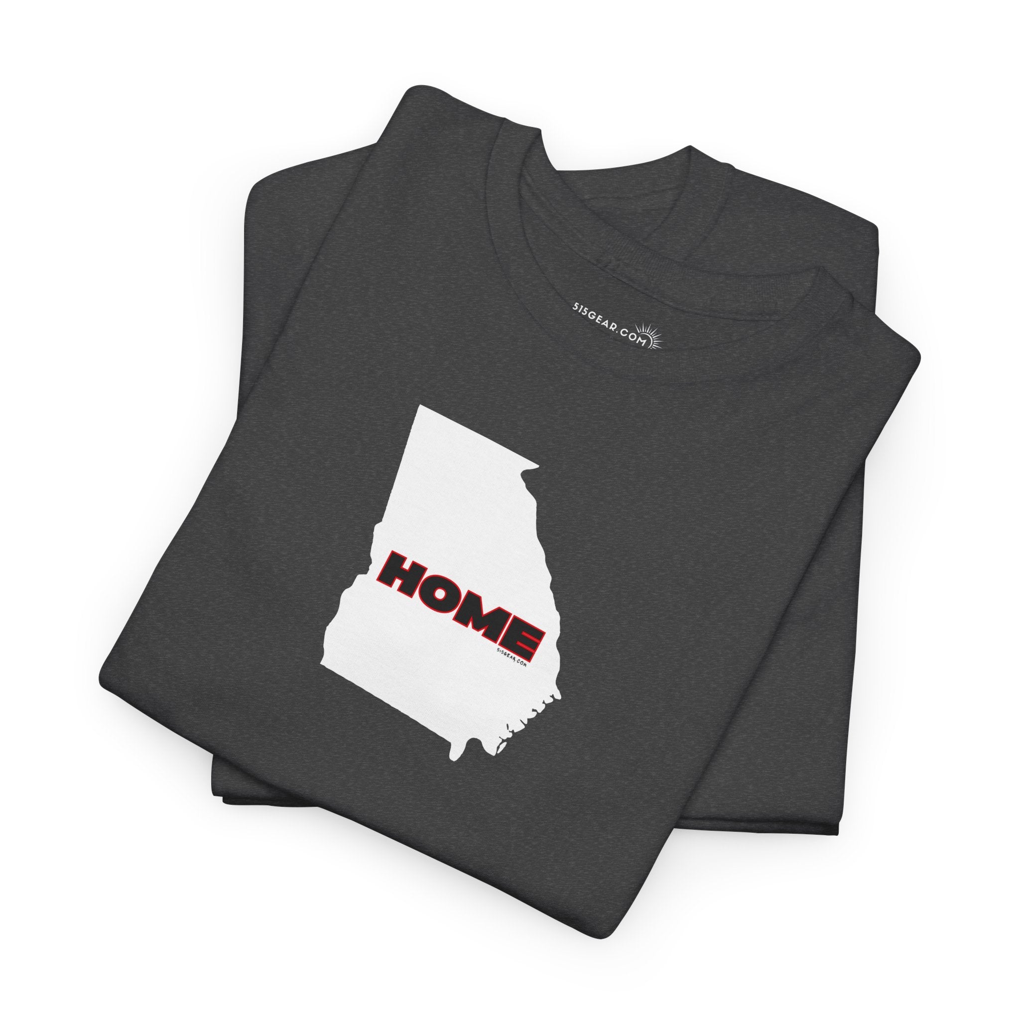 Folded black unisex short-sleeve Georgia pride tee in school colors; State of Georgia graphic with text 'HOME'