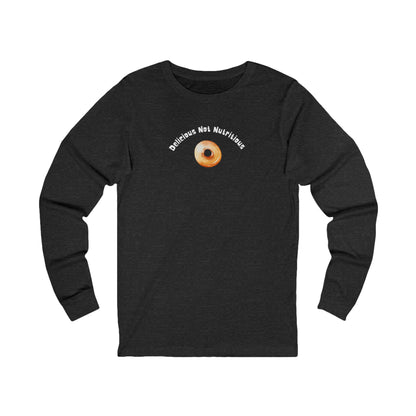 Black long-sleeve shirt with a donut graphic and text "Delicious Not Nutritious"