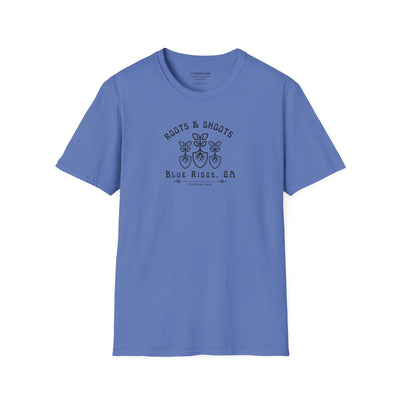 unisex adult T-shirt, Roots & Shoots, Garden shovel root leaf graphic, by 515Gear.com | Blue Ridge, GA | celebrate gardening