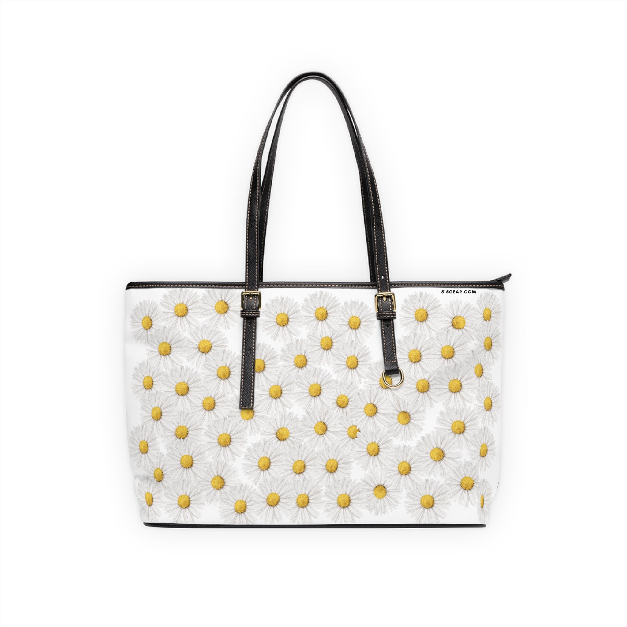 White tote bag with yellow floral daisy patterns on a white background