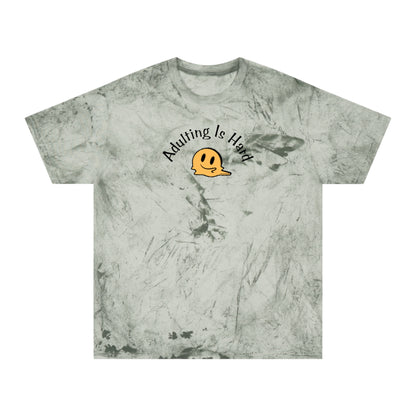 Green marble-patterned Comfort Colors 1745 unisex color blast t-shirt, 100% ring-spun cotton, with melting smiley face and text "Adulting is Hard"