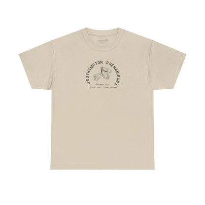 Beige t-shirt with Oyster graphic and text "Southampton Shenanigans November 2025 Privet Lives Camp Viggiano"