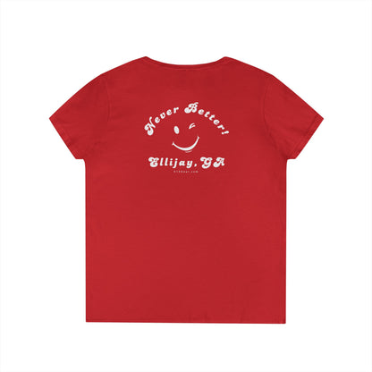 Red women's v-neck shirt with a winking smiley face and "never better - Ellijay GA" text on the back by 515Gear.com