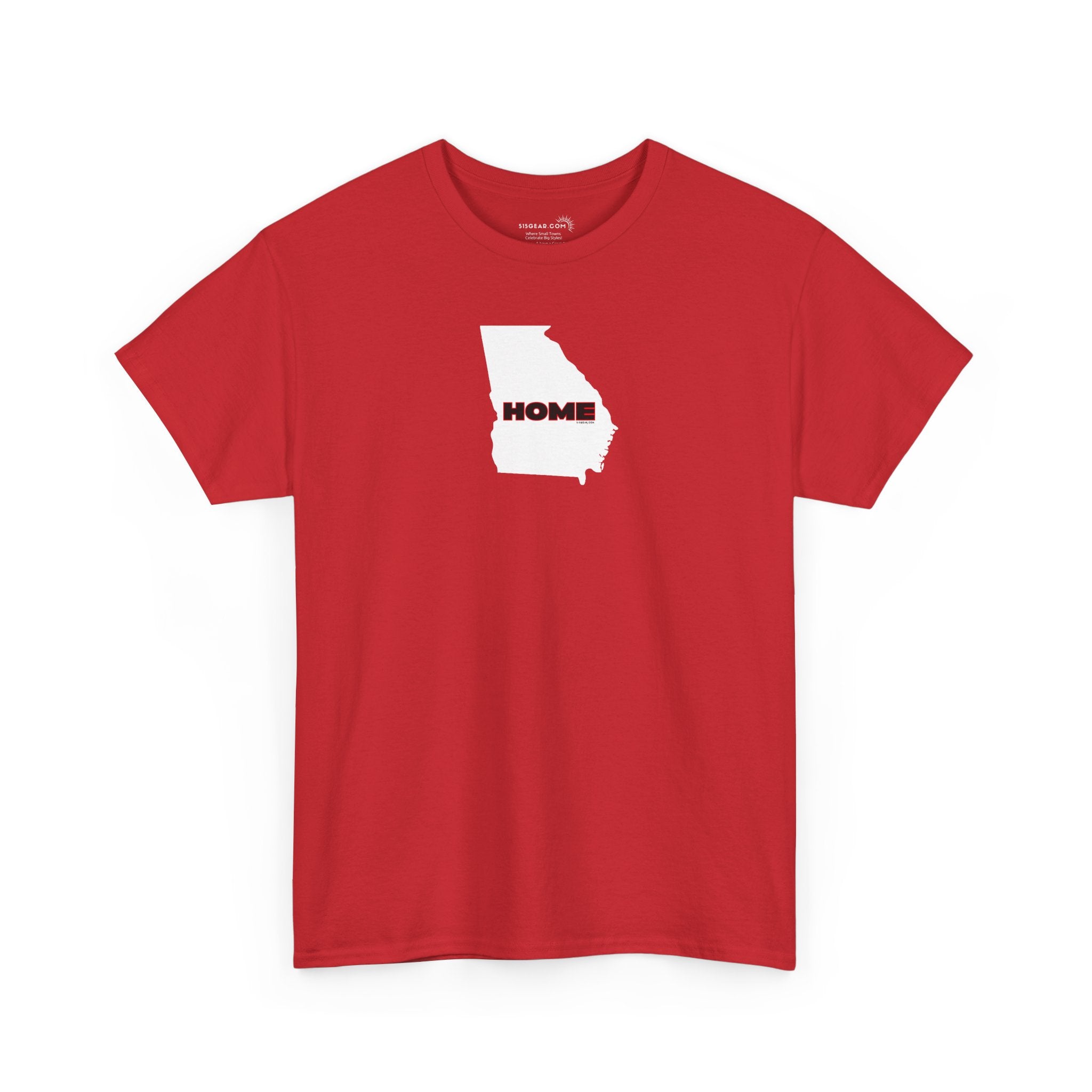 Red unisex short-sleeve Georgia pride tee in school colors; State of Georgia graphic with text 'HOME'