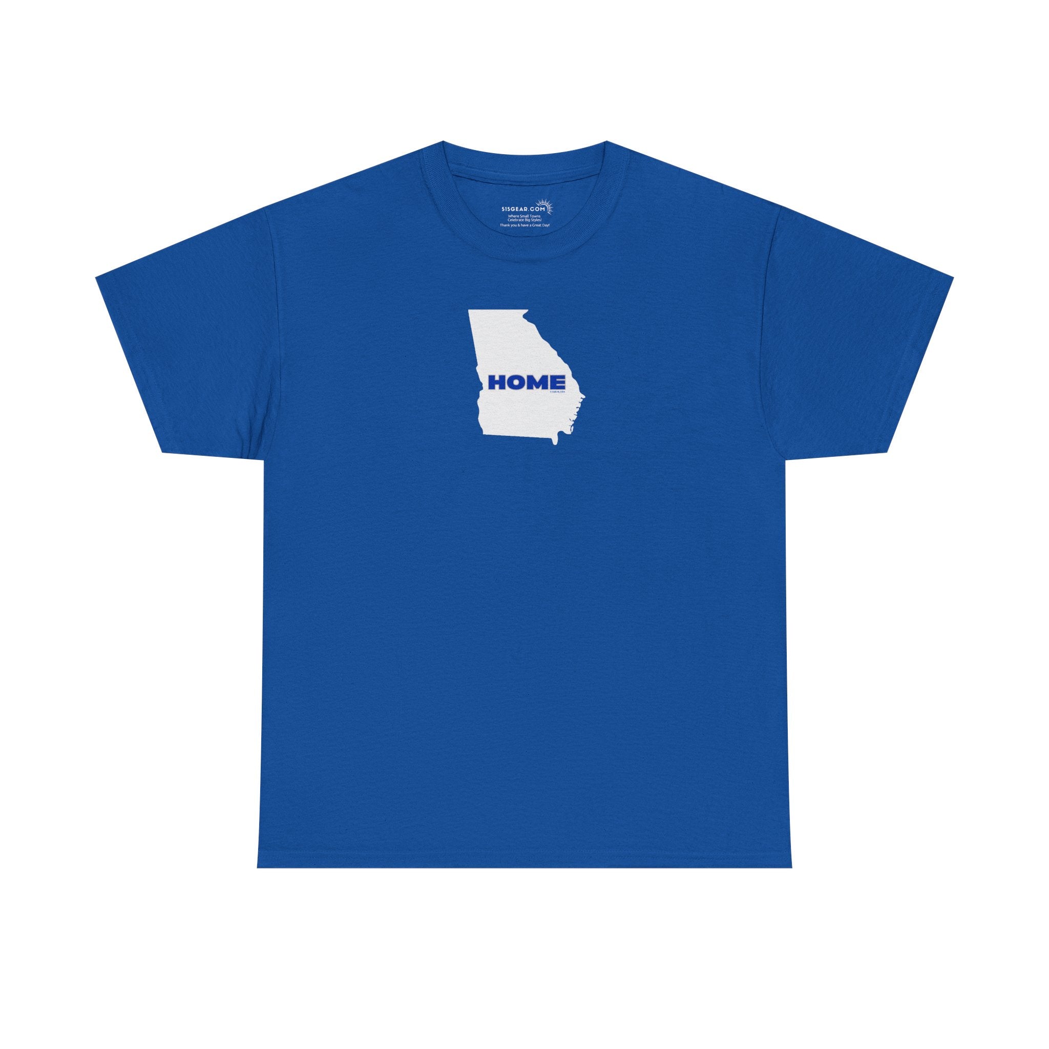 Blue Unisex Heavy Cotton Tee, 100% cotton with State of Georgia graphic and text "HOME" in college colors (Georgia State University)
